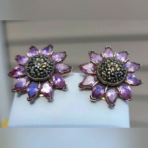 Designer Sterling Elegant Amythyst Flower Earrings w/ Hematite